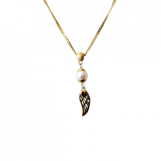 Collier court  avec PERLE BLANCHE swarovski ET AILE D'ANGE en acier inoxydable OR