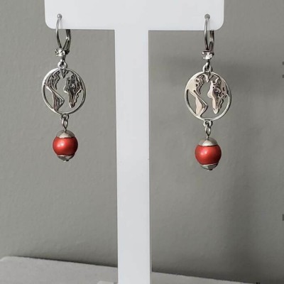 Boucles d'oreilles TERRE INOX ET PERLE ROUGE