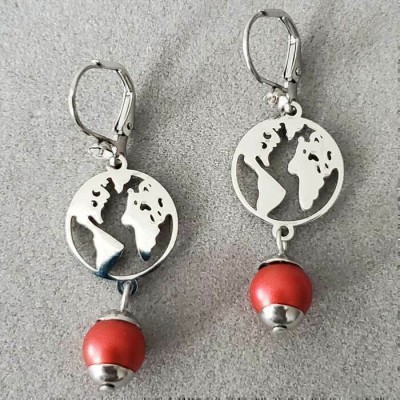 Boucles d'oreilles TERRE INOX ET PERLE ROUGE