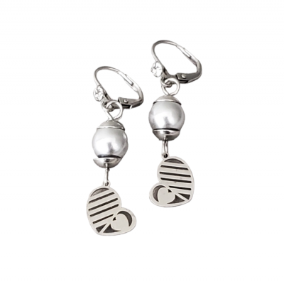 Boucles d'oreilles COEUR  inox ET PERLE BLANCHE...