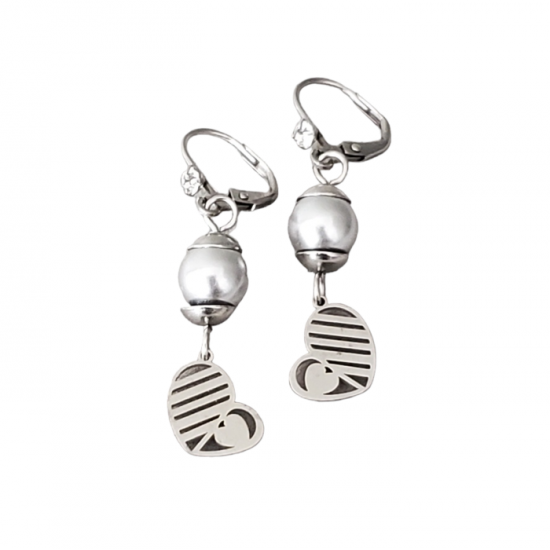 Boucles d'oreilles COEUR  inox ET PERLE BLANCHE Swarovski