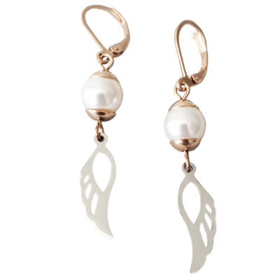 Boucles d'oreilles AILE  ACIER INOXYDABLE ET OR ROSE ET PERLE BLANCHE Swarovski