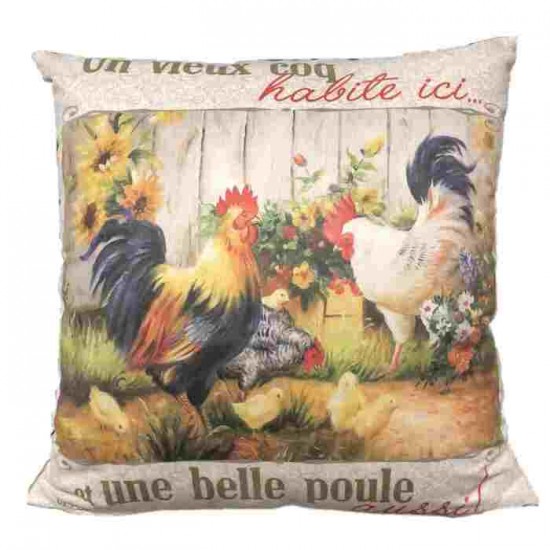  Coussin un Vieux Coq-Une Belle Poule  