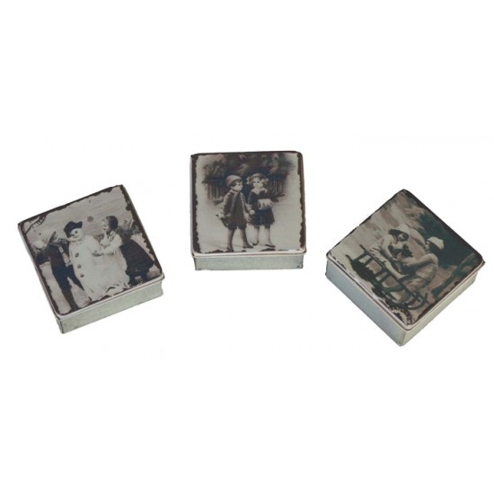 Tin vinatge box w/kids 2.75x2.75x1.25