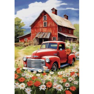 Camion rouge et grange 