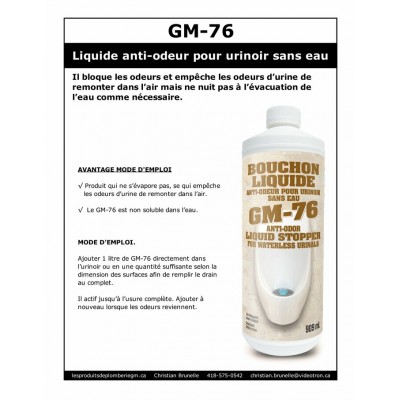 GM-76 - Liquide anti-odeurs pour urinoir sans eau - 3,78l