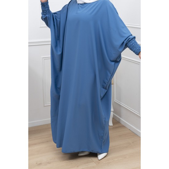 Abaya bleu   manches serrées en soie de medine
