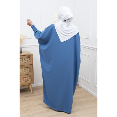 Abaya bleu   manches serrées en soie de medine