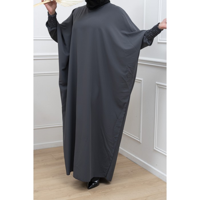 Abaya gris foncé manches serrées en soie de medine Abaya gris foncé manches serrées en soie de medine
