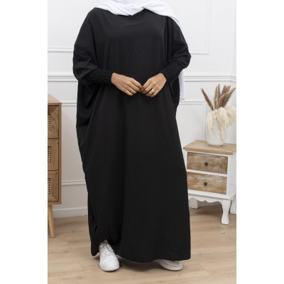 Abaya noir manches serrées en soie de medine Abaya noir manches serrées en soie de medine