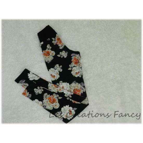Leggings pour femme, SMALL ultra confortables en "brushed poly" polyester/spandex fleurs blanches et orange  sur fond noir