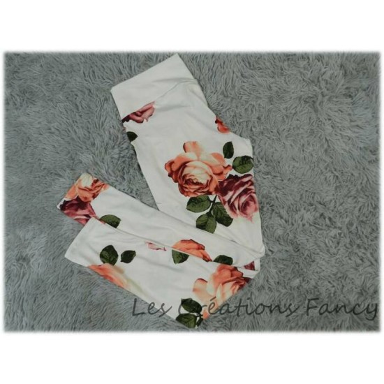 Leggings pour femme, MEDIUM  ultra confortables en "brushed poly" polyester/spandex blanc cassé fleurs roses