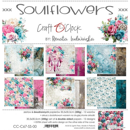 Craft O Clock - Papier 12" X 12"  collection «Soulflowers» 6 pages recto-verso