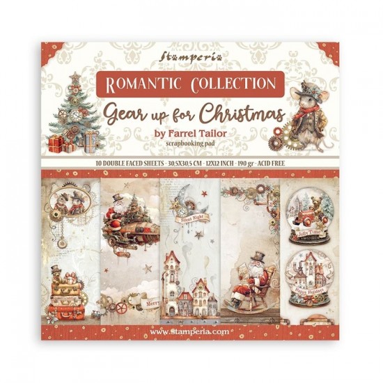 Stamperia  - Papier 12" X 12" collection Romantic «Gear Up For Christmas», 10 feuilles double- face