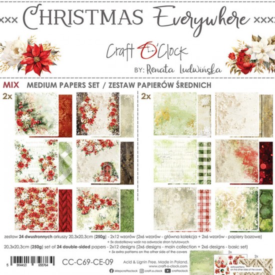 Craft O Clock - Papier 8" X 8"  collection «Christmas Everywhere Mix Paper Pad» 24 pages recto-verso