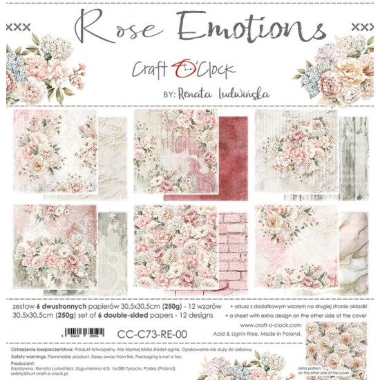Craft O Clock - Papier 12" X 12"  collection «Rose Emotions» 6 pages recto-verso