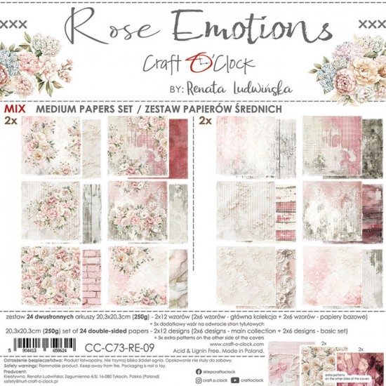 Craft O Clock - Papier 8" X 8"  collection «Rose Emotions Mix Paper Pad» 24 pages recto-verso