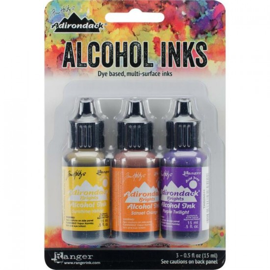 Tim Holtz - Ensemble «Alcohol Inks»  couleur Sunshine / Sunset / Purple Twilight