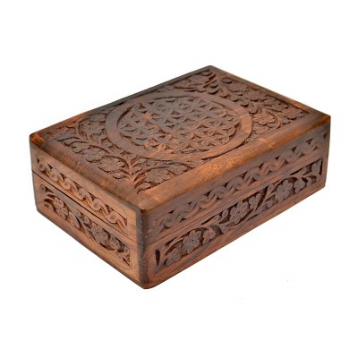 WOOD LINED BOX-CARVED/FLOWER OF LIFE-5″X7″ /...