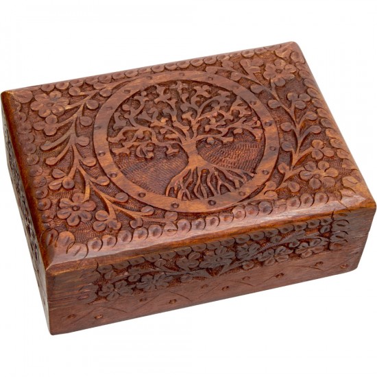 WOOD LINED BOX-CARVED/TREE OF LIFE-5″X7″ /...