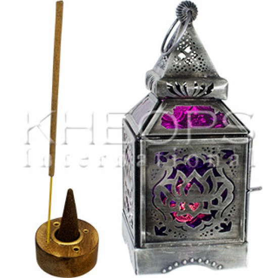 LANTERNE VERRE & METAL + LOTUS – VIOLET & ROSE – 8.5″H.