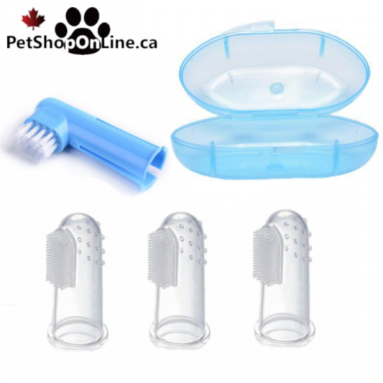 Brosse à dents sur doigt en latex. 3 souples, une  solide + étui de stockage. Pour chien ou chat