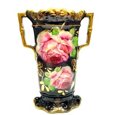 VASE PORCELAINE À ANSES ANTIQUE  ANGLETERRE ROSES...