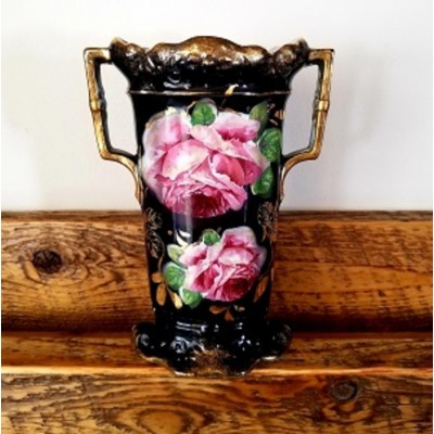 VASE PORCELAINE À ANSES ANTIQUE  ANGLETERRE ROSES ET DORURE