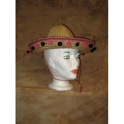 Chapeau Mexicain paille pompon rose