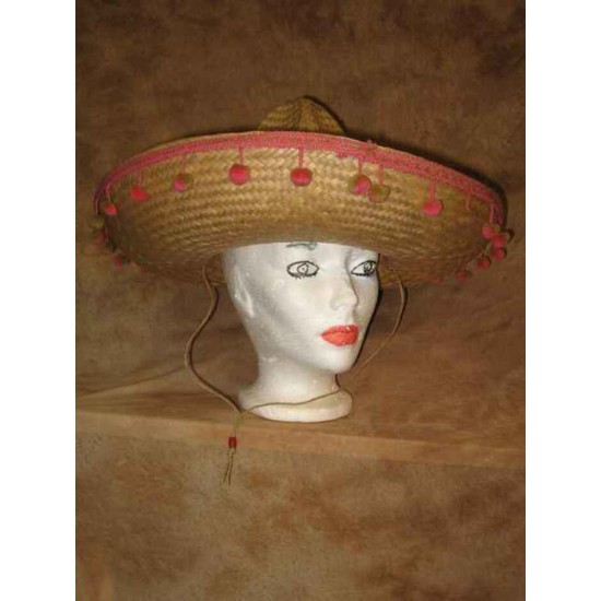 Chapeau Mexicain paille pompon rose/beige