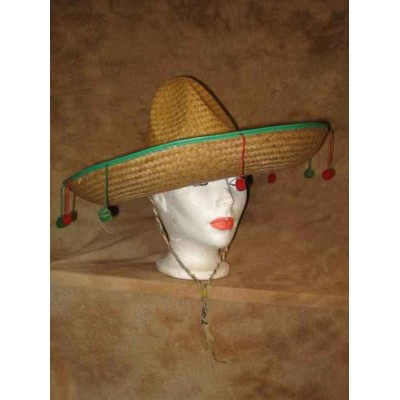 Chapeau Mexicain paille à pompons verts et rouges