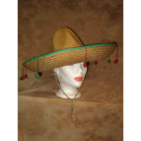 Chapeau Mexicain paille à pompons verts et rouges