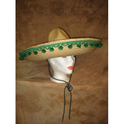 Chapeau Mexicain paille à pompons verts
