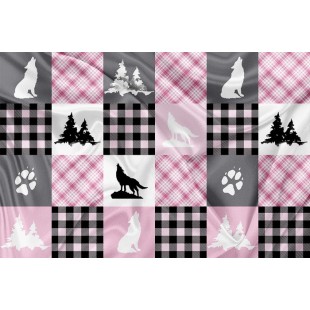 Minky Motif Patchwork Loup rose - IMPRIMÉ AU...