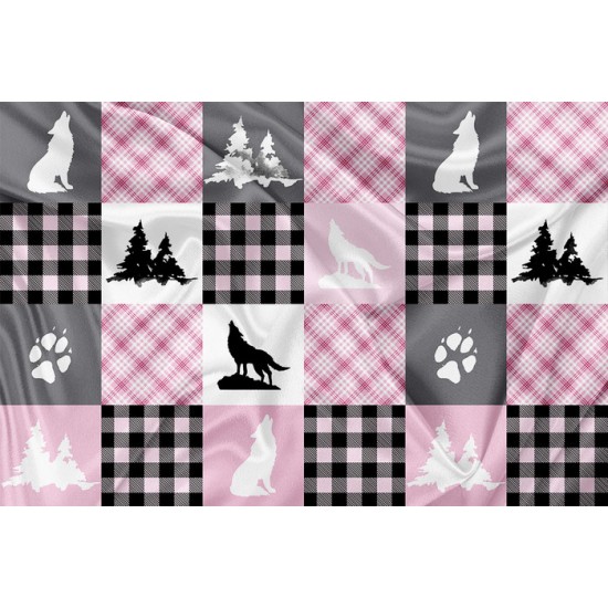 Minky Motif Patchwork Loup rose - IMPRIMÉ AU QUÉBEC À NOTRE ATELIER