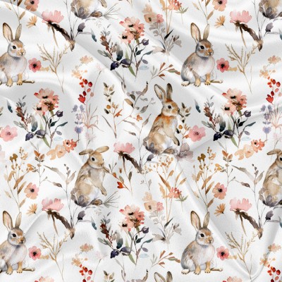 Minky Motif Doux lapins et ses fleurs - IMPRIMÉ...