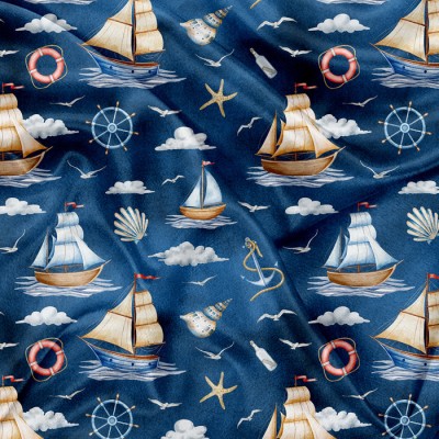 Minky Motif Voilier nautique fond bleu - IMPRIMÉ...