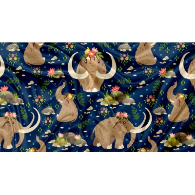 Minky Motif Mammouth Navy - IMPRIMÉ AU QUÉBEC À...