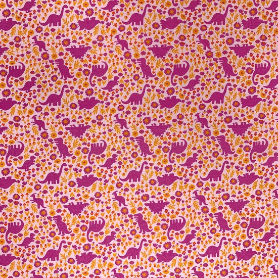 Coton à motif - Dino rose et fleurs