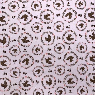 Coton à motif - Écureuil Rose