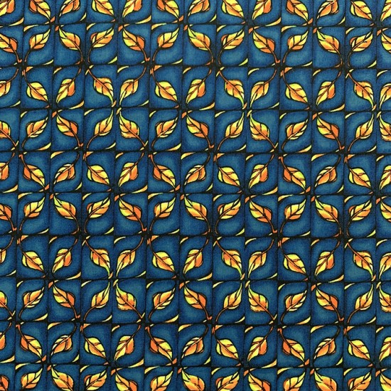 Coton à motif - Feuille Navy et Jaune Orangé