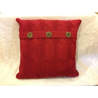 Coussin tricot rouge boutons bois