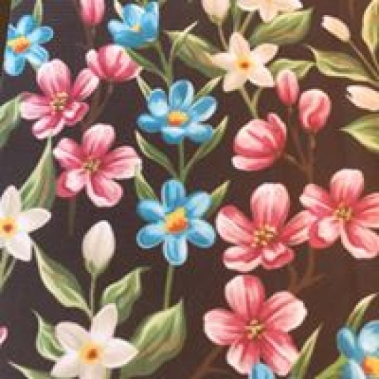 Jersey / Knit imprime / Fleur rose et bleu fond brun