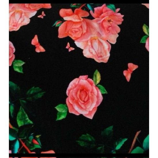 Jersey / Knit / Sélection Isa Tissus / Fleurs bouquet 3 roses fond noir