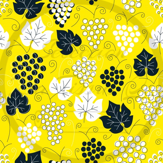 Jersey / Knit / Sélection Isa Tissus / Feuilles/raisins noir et blanc fond jaune