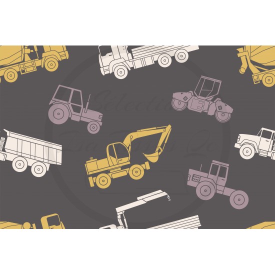 Jersey / Knit / Sélection Isa Tissus / Camions grues jaune/10 tonnes blanc/gris, tracteur fond gris foncé
