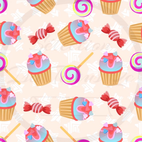 Jersey / Knit / Sélection Isa Tissus / Cupcakes, suçettes, bonbons, fond rose pâle étoiles blanches
