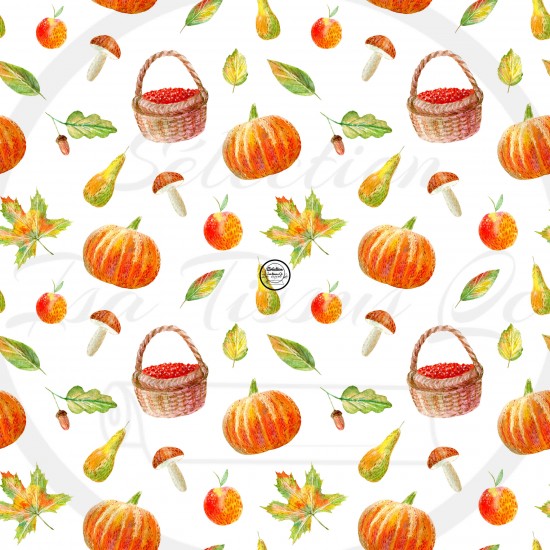 Jersey / Knit / Sélection Isa Tissus / Automne citrouilles/panier fruits, feuilles fond blanc