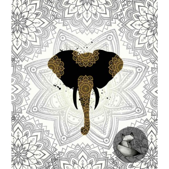  Design Stéphanye Boileau / Panneau /Tête éléphant mandala noir et or fond blanc et gris