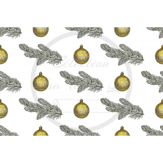 Jersey / Knit imprime / Branches de sapin et boules Noel dorés
